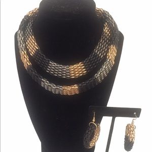 Black and Gold Statement Necklace And Earrings